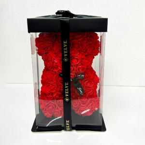Ursulet floral rosu din Trandafiri 25 cm, decorat manual, cutie cadou2