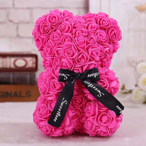 Ursulet floral din Trandafiri 25 cm, decorat manual, cutie cadou, roz aprins