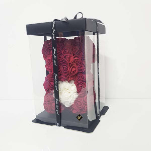 Ursulet floral din trandafiri de sapun Teddy Bear in Love, 25 cm, in cutie cadou, bordo