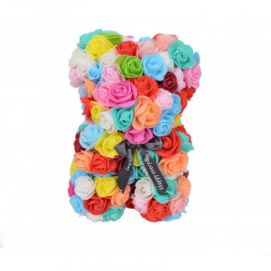 Ursulet floral multicolor din Trandafiri 25 cm, decorat manual, cutie cadou, rosu-roz-galben