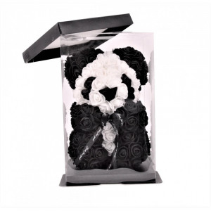 Ursulet floral Panda din Trandafiri 25 cm, decorat manual, cutie cadou, Alb/Negru