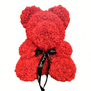 Ursulet floral rosu din Trandafiri 40 cm, decorat manual, cutie cadou