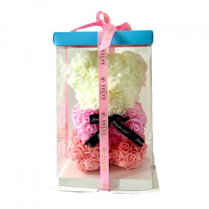 Ursulet Floral Teddy Bear Rainbow cu trandafiri din spuma hand-made, 25 cm, in cutie cadou, Corai 5