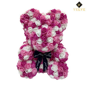 Ursulet Floral Triple color din Trandafiri spuma, 40 cm, roz- alb-fucsia, in cutie cadou
