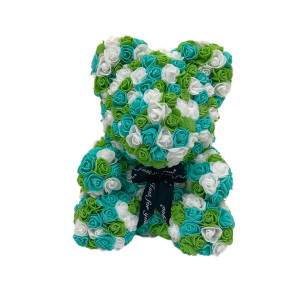 Ursulet Floral Triple color din Trandafiri spuma in cutie cadou, 40 cm, verde-alb- blue