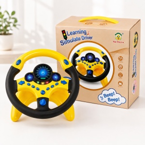 Volan interactiv pentru copii Learning Simulate Driver, cu sunete, butoane si ventuze pentru fixare, Galben-Negru, 3 ani+