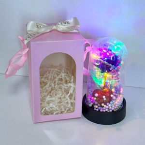 Aranjament Bubble Tea in Love in Cupola Sticla, cu Trandafir artizanal, LED si elemente Valentine's Day in cutie eleganta, Mov cutie VELVE