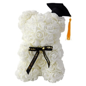 Aranjament floral absolvire 2026 Graduate, urs floral din trandafiri de spuma 25 cm cu toca, Alb