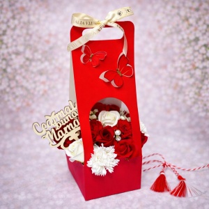 Aranjament floral Butterfly, cu trandafiri si garoafe din sapun, plante decorative, cu topper " Cea mai buna mama", in cos deosebit cu toarte, Rosu