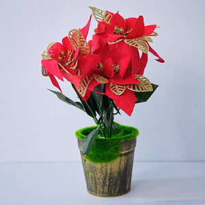 Aranjament floral cu Craciunita Artizanala in ghiveci, Rosu - Auriu 29cm