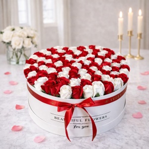Aranjament floral cutie rotunda cu 125 trandafiri de sapun, Bicolor