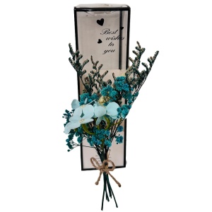 Aranjament floral de primavara, cu LED, buchet hortensii de sapun si flori criogenate, Albastru