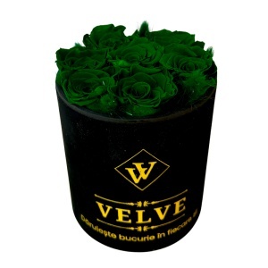 Aranjament floral Eternal Rose cu trandafiri criogenați și lagurus în cutie rotundă, Verde - Img 3