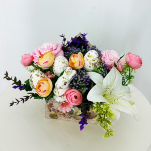 Aranjament floral Happy Eggs cu oua decorative si flori artificiale, 25 cm - Img 2