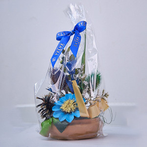 Aranjament floral in ghiveci, din flori uscate, albastru, 27cm
