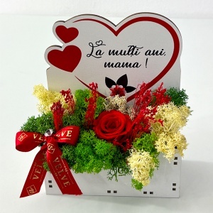 Aranjament floral pentru Mama cu trandafir rosu criogenat, licheni stabilizati si funda satinata, in cutiuta decorativa - Img 3