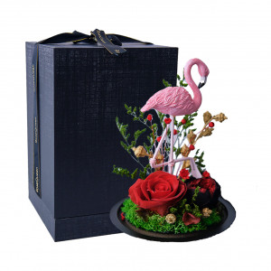 Aranjament cu flori criogenate si Flamingo, in cupola de sticla si cutie cadou