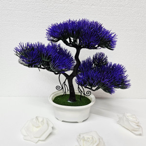 Bonsai decorativ artificial, colorat, in ghiveci miniatural, Pin Desire, Albastru, Inaltime 25 cm