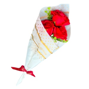 Buchet Bloom cu 3 trandafiri de sapun si plante artificiale,  Rosu