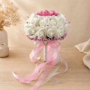 Buchet de mireasa premium, cu nuferi, trandafiri din spuma si stamine aurii, 28 cm - Img 6