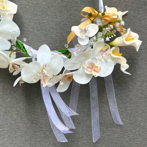 Buchet de mireasa tip cerc „Royal Hoop”, design exclusivist cu orhidee, cale si lacramioare, 40x35 cm - Img 5