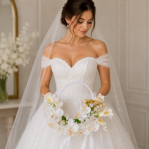 Buchet de mireasa tip cerc „Royal Hoop”, design exclusivist cu orhidee, cale si lacramioare, 40x35 cm - Img 2