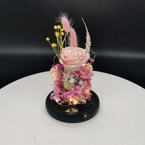 Buchet de trandafiri criogenat in cupola de sticla cu LED, roz, 21X12