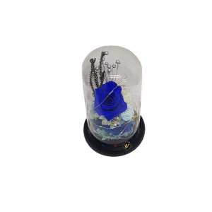 Buchet de trandafiri criogenati in cupola de sticla cu LED, albastru - blue, 21X12