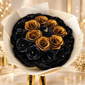 Buchet floral Black & Gold cu 21 trandafiri negri si aurii, decorati cu sclipici, inaltime 50 cm - Img 3