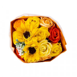Aranjament Floral Buchet din trandafiri de sapun si floarea soarelui, orange-galben