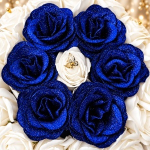 Buchet floral Glitter cu 21 trandafiri, decorati cu sclipici, alb si albastru, inaltime 50 cm - Img 2
