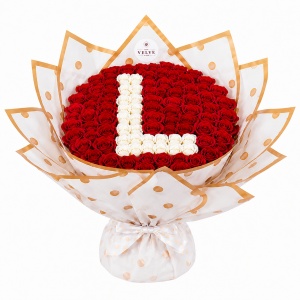 Buchet floral personalizat cu litera din 65 trandafiri de sapun, Rosu- Alb - Img 12