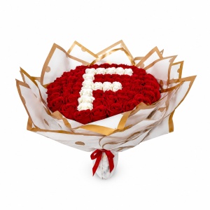 Buchet floral personalizat cu litera din 65 trandafiri de sapun, Rosu- Alb, 50x40 cm - Img 6