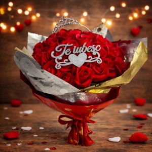 Buchet floral Royal Love cu 51 trandafiri de sapun, coronita decorativa si topper "Te iubesc", Rosu - Img 4