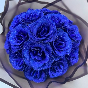 Buchet Glitter Roses cu 19 trandafiri albastri decorativi, buchet premium ambalat elegant, 40 cm - Img 2