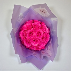Buchet Glitter Roses cu 19 trandafiri fucsia decorativi, buchet premium ambalat elegant, 40 cm - Img 2