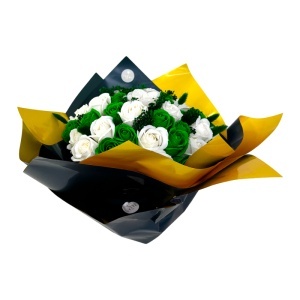 Buchet Green Harmony, cu 51 trandafiri de sapun, lagurus criogenat si brum, Verde-Alb