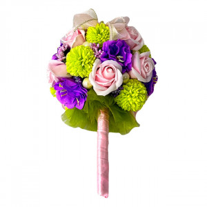 Buchet Mireasa cu trandafiri, stamine si dalii de sapun, multicolor 2