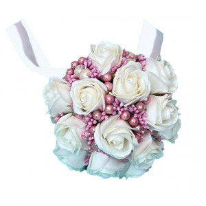 Buchet Mireasa, trandafiri de sapun si perle, pe pat de margele, roz-alb