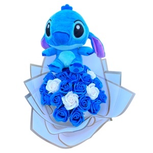 Buchet premium Stitch cu 31 trandafiri de sapun, Albastru-Alb - Img 4