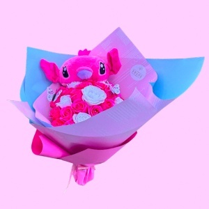 Buchet premium Stitch cu 35 trandafiri de sapun si fluturasi, Roz-Alb - Img 4