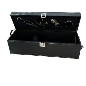 Caseta eleganta din piele naturala pentru o sticla, cu maner si set 4 accesorii pentru vin 