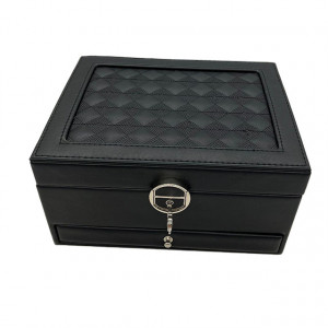 Caseta eleganta pentru accesorii si bijuterii cu oglinda, din piele naturala, negru