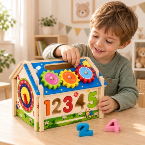 Casuta educativa multifunctionala din lemn, cu puzzle cifre, ceas si roti dintate, 36+ luni - Img 2