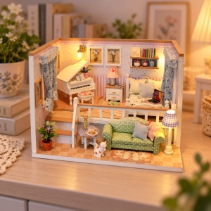 Casuta miniaturala DIY cu doua niveluri, mobilier, pian, dormitor si iluminare LED - Img 3