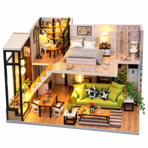 Casuta miniaturala DIY, locuinta moderna pe doua niveluri, mobilier si iluminare LED