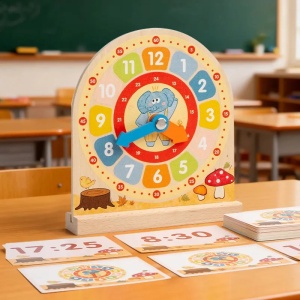 Ceas educativ din lemn pentru copii Wooden Clock Game, cu 30 carduri fata-verso, 3 ani+ - Img 2