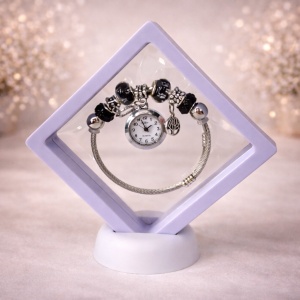Ceas elegant Silver VSH cu pandativ, margele tip Murano si bratara reglabila, Lila