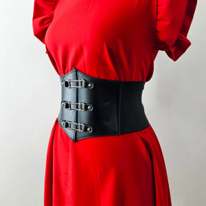 Centura corset Tao, din piele ecologica, elastica, cu capse si detalii metalice, Negru