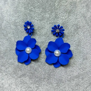 Cercei lungi Theona, design floral, cu tija si pietre artizanale, Albastru Royal 4